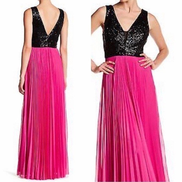 NICOLE MILLER Sleeveless Pleated Sequin Pink Black Maxi Dress Gown Sz 2 - Picture 1 of 6
